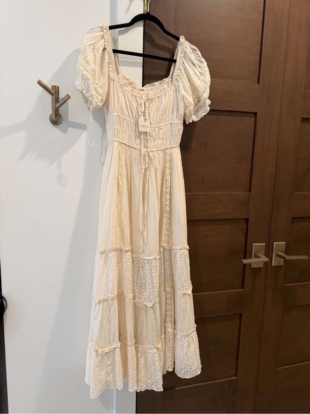 Free People brand new tags Cream Tiered Lace Maxi with Puff Sleeves